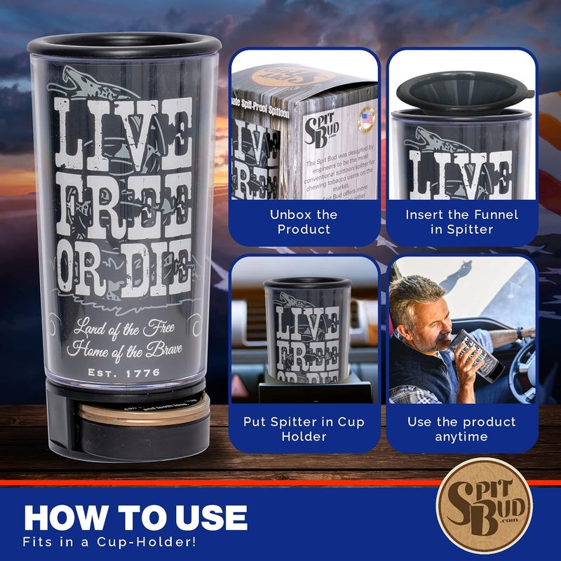 Spit Bud Liberty or Death #4 The Ultimate Spittoon for Chew - Portable Dip & Snuff Cup with Lid, Pop Tab, Spill-Proof Funnel, Can Cutter & Holder - Fit in Cup Holders - Holds 8oz - Made in USA - Image 4